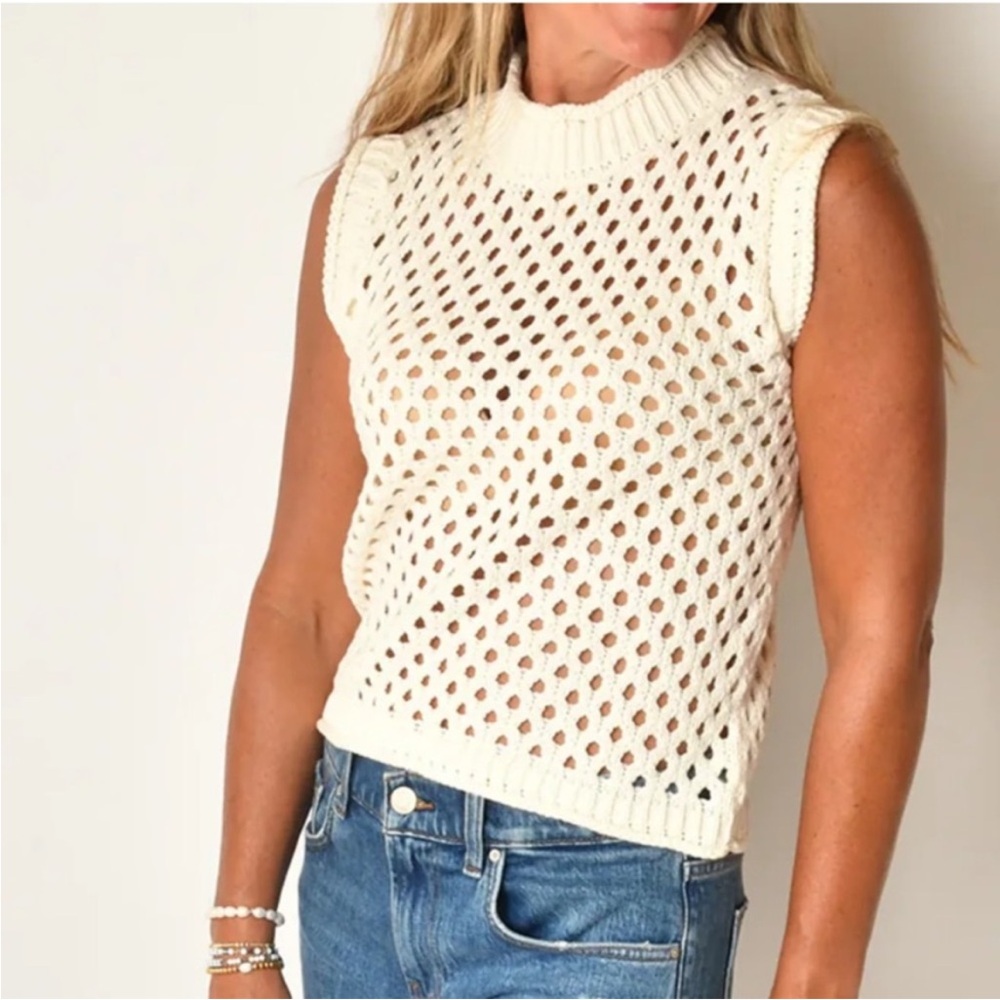 bishop + young Cream Crochet Sleeveless Knit Sweater